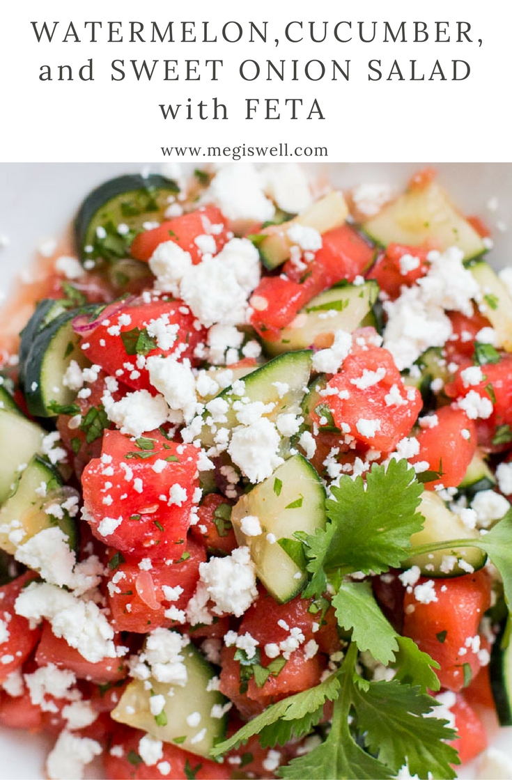 This Watermelon, Cucumber, and Sweet Onion Salad with Feta is the perfect refreshing side for a hot summer day. No oven required! | www.megiswell.com