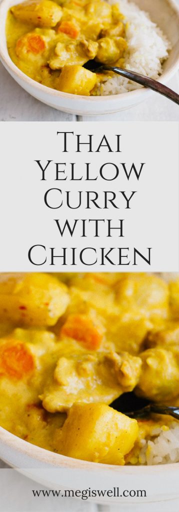 Thai Yellow Curry with Chicken is the ultimate comfort food. Yukon gold potatoes, pearl onions, sliced carrots, and bite-sized pieces of chicken soak up all the wonderful creaminess of curry, coconut cream, and coconut milk, making each bite heaven. | www.megiswell.com