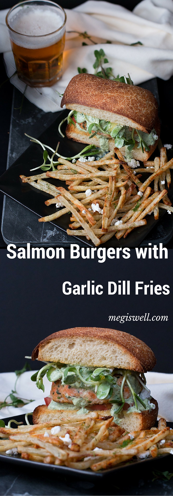 Salmon Burgers with Garlic Dill Fries. Mint, basil, and dill tie juicy Salmon Burgers and crisp Garlic Dill Fries together with their fresh bright flavors. Served with a Mixed Herb Greek Yogurt Dip and crumbled feta, you have a complete meal full of awesome flavor.