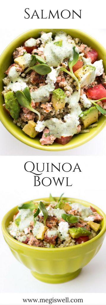 Quinoa, salmon, diced tomatoes & avocado, sunflower sprouts, crumbled feta cheese, and a Mixed Herb Greek Yogurt dressing make a high protein, filling, and healthy meal with great flavors and textures. | www.megiswell.com