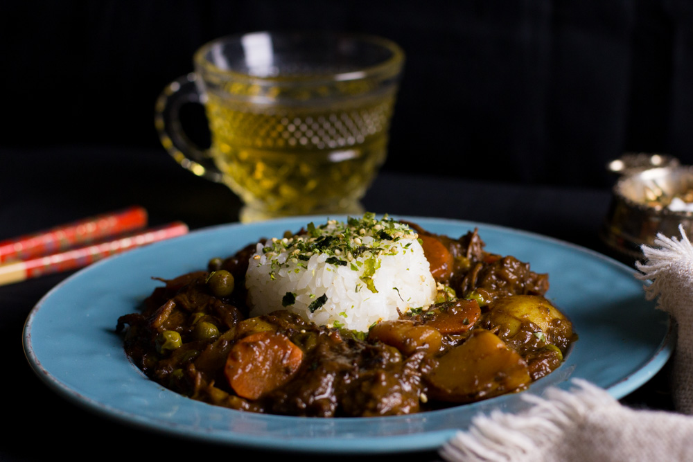 Beef chuck, onions, carrots, Yukon Gold potatoes, apple, and peas slowly simmered in beef stock and warming curry spices creates, from scratch, an amazing Japanese Beef Curry that is totally worth the wait.
