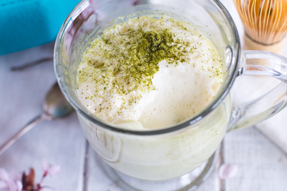 Steamed and frothed soy milk, lightly sweetened with honey, make this Matcha Latte a cheaper and better tasting version than what you can get in a café.