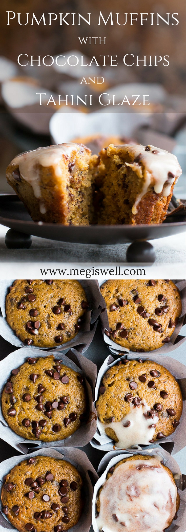 My favorite pumpkin bread recipe gets revamped in these Pumpkin Muffins with Chocolate Chips and Tahini Glaze. The tahini glaze adds a little savory goodness and pairs amazingly with the chocolate chips, creating savory-sweet muffin greatness! | www.megiswell.com