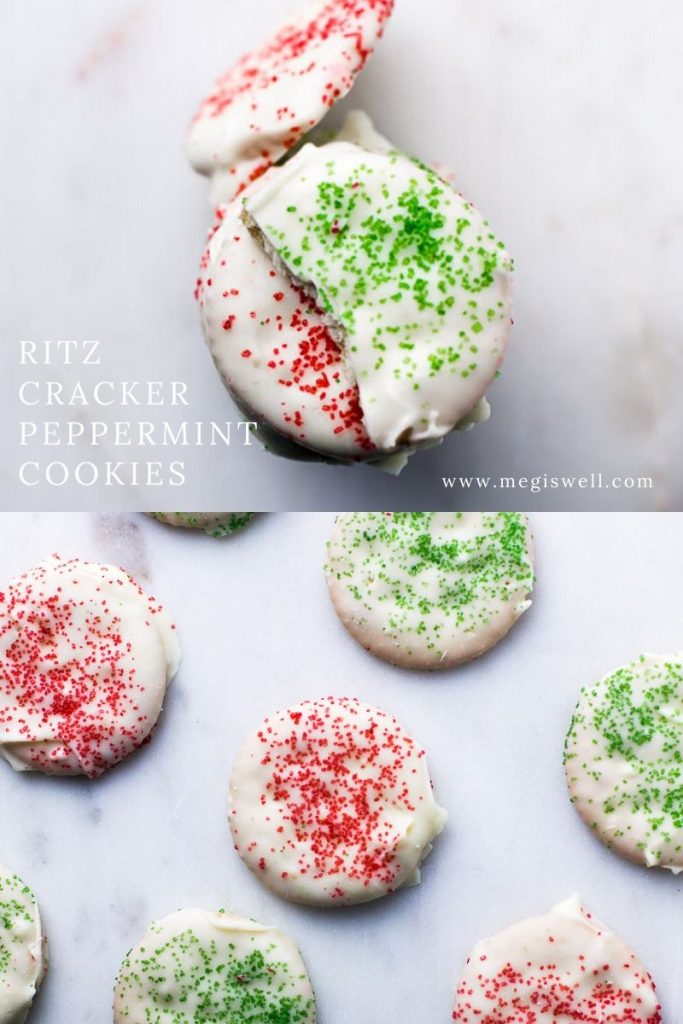 Cool fresh mint, hardened and creamy white chocolate, and a crisp and salty Ritz Cracker all combine in one bite in these Ritz Cracker Peppermint Cookies, an easy no bake holiday freezer dessert. | #christmascookies 
#holidaycookies | www.megiswell.com