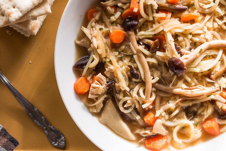 This Mushroom Medley Chicken and Parsnip Noodle Soup is perfect for recovering from the busy holiday season. Use leftover turkey from Thanksgiving or make it completely vegetarian for an extra healthy meal. | www.megiswell.com