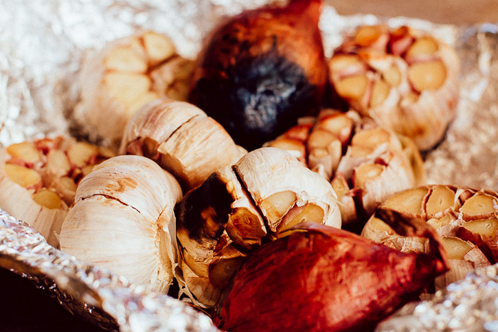 Picture of roasted garlic and shallots.