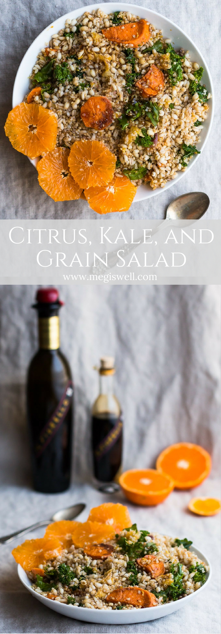 This Citrus, Kale, and Grain Salad is an amazing winter salad that is a combination of roasted oranges, red onion, and sweet potato-which provide sweet and fresh bursts of flavor, massaged kale, and roasted barley and quinoa, which adds depth and bulk. | www.megiswell.com