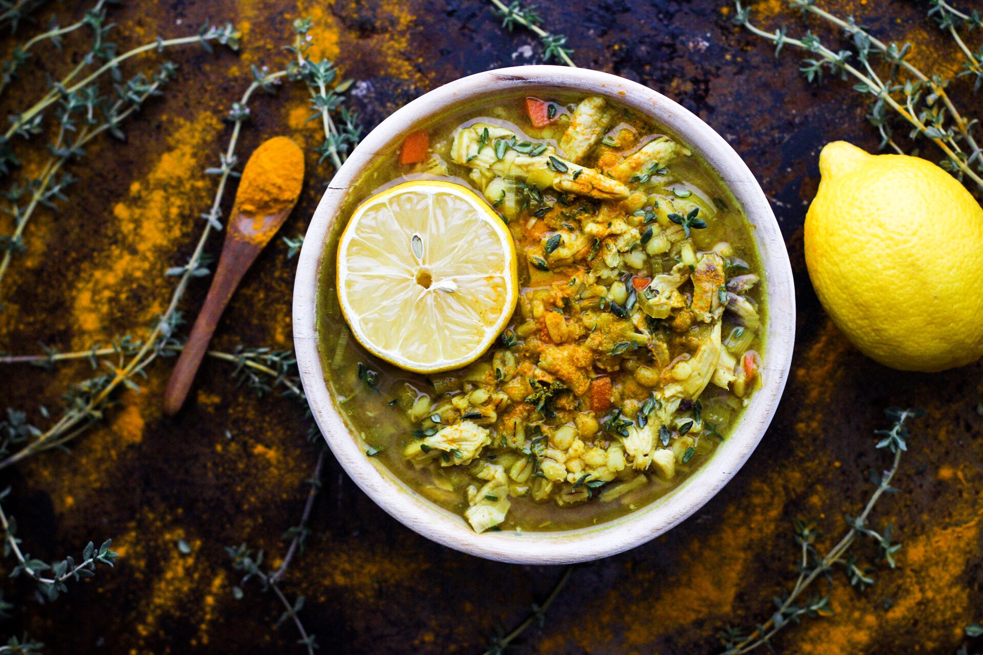 This Turmeric Ginger Chicken Barley Soup is for the sick and weary. Turmeric powder, fresh grated ginger, wholesome chicken broth, chicken, and roasted barley are slow cooked to cold fighting delicious perfection. | www.megiswell.com