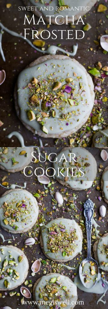 These Matcha Frosted Sugar Cookies are soft, sweet, and romantic in both taste and looks, making them perfect for Valentine’s Day. | Easy Vegan Cookie Recipe | Pistachios | Raw Cacao Butter | #vegancookies #matchafrosting | www.megiswell.com