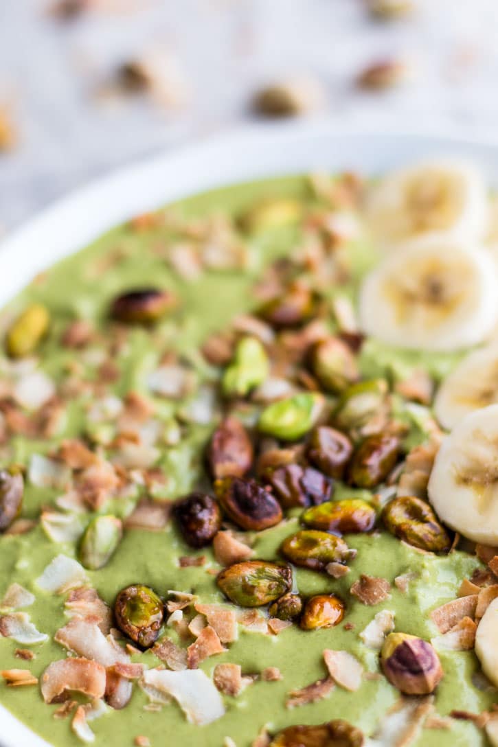 This Super Fast Blender Broccoli Pistachio Soup only uses three ingredients, can be assembled in 10 minutes or less, is velvety smooth, and tastes great cold or hot. Dress it up however you want, but a little toasted coconut, pistachios, and sliced bananas are amazing and easy options. | www.megiswell.com