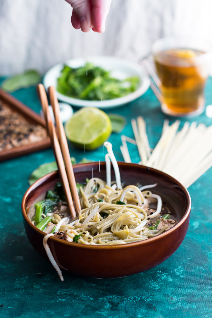 Soba Noodles in Shiitake Mushroom Broth with Sesame Crusted Tofu and Pea Shoots has a simple, fast, and flavorful broth that serves as the base of this delicious, healthy, and vegetarian dish. | www.megiswell.com