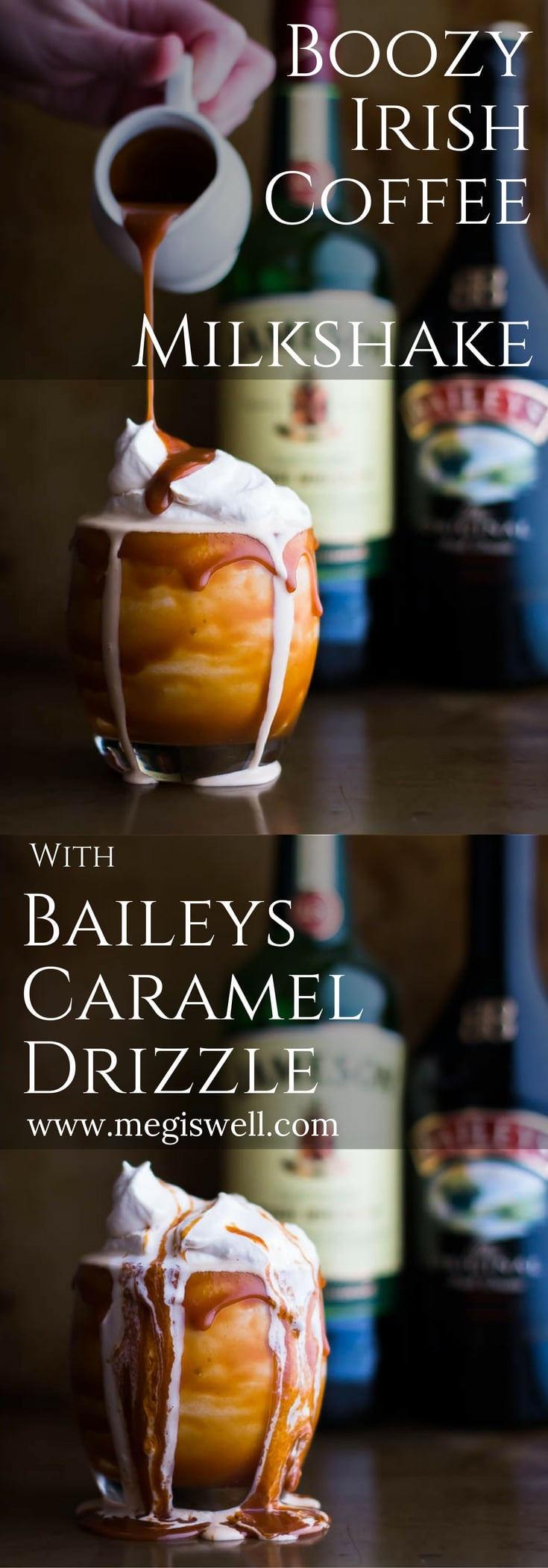 This Boozy Irish Coffee Milkshake with Baileys Caramel Drizzle is based off an Irish Coffee. Vanilla ice cream, espresso, and Jameson whiskey creates that Irish Coffee taste while Baileys caramel sauce and whipped cream enhance the flavor and increase the wow factor. | www.megiswell.com