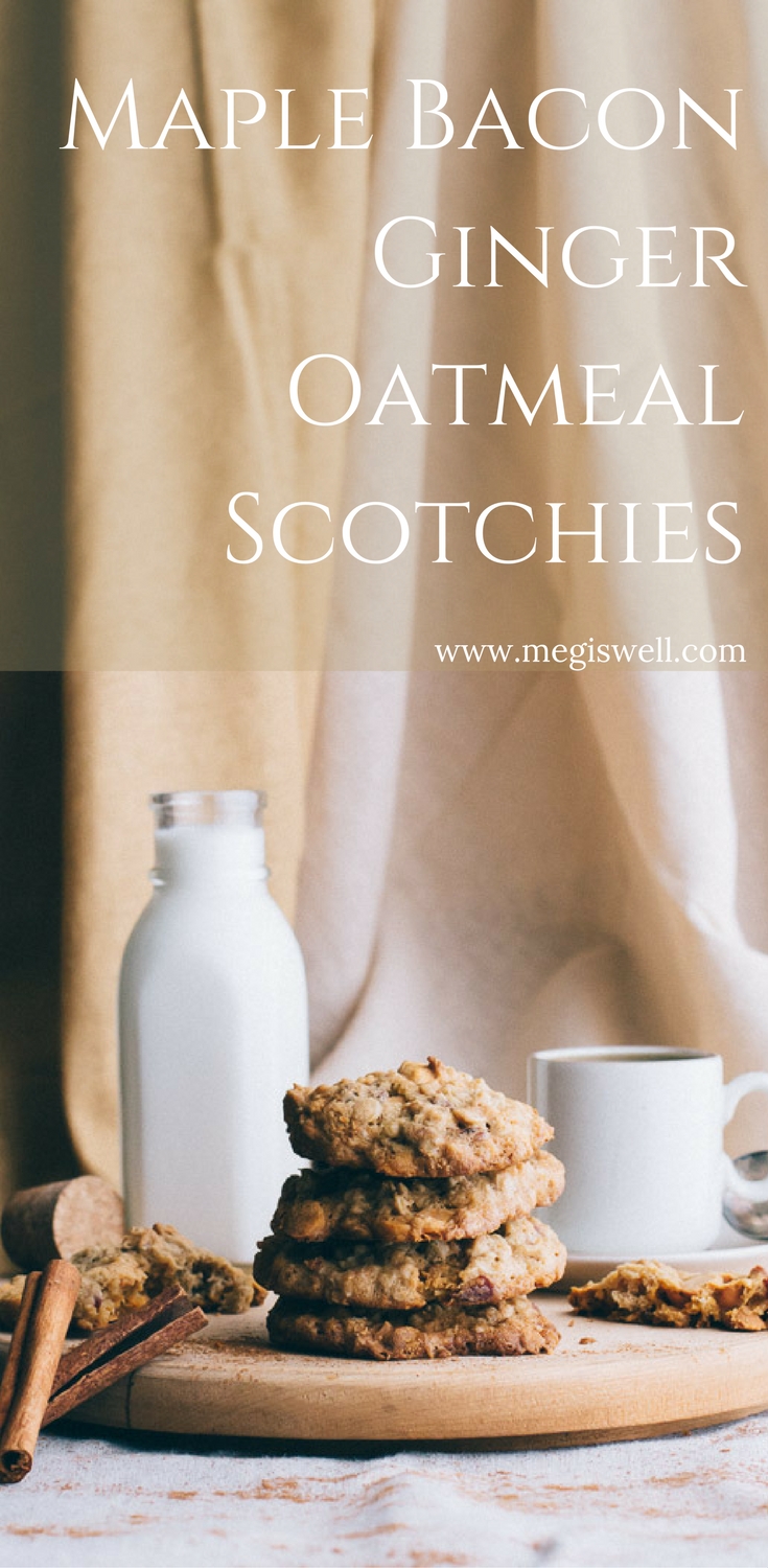 Oatmeal Scotchies get a sweet and spicy twist by using maple syrup instead of sugar, crisp bacon, and crystalized ginger nibs. Oatmeal and butterscotch never tasted so good! | www.megiswell.com