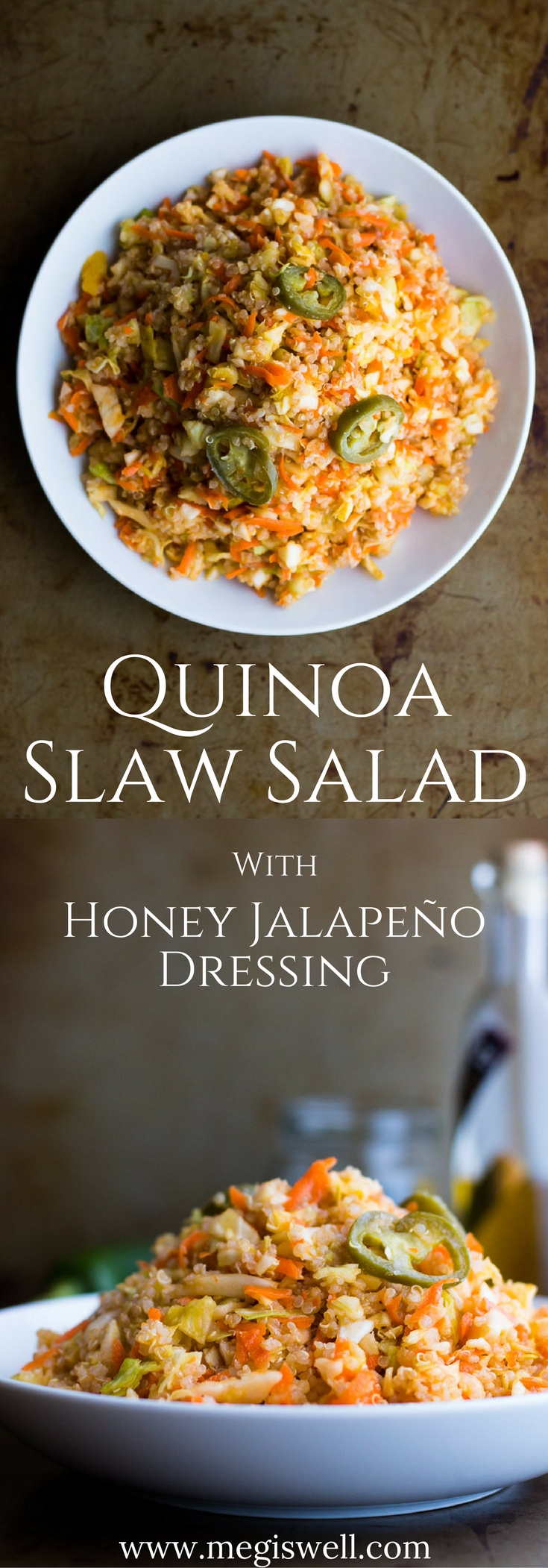 This easy and healthy Quinoa Slaw Salad with Honey Jalapeño Dressing is a healthier twist on traditional coleslaw. Finely diced and grated cabbage, carrot, and cucumber are tossed with quinoa and a sweet, spicy, and slightly tart dressing. | www.megiswell.com