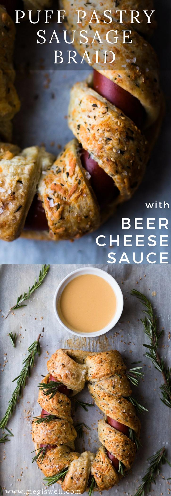 This Puff Pastry Sausage Braid is an easy and impressive looking side or appetizer. Especially when dipped into a Beer Cheese Sauce made with American wheat ale, cheddar, and smoked Gouda for a sweet n’ smoky explosion of flavor. | www.megiswell.com