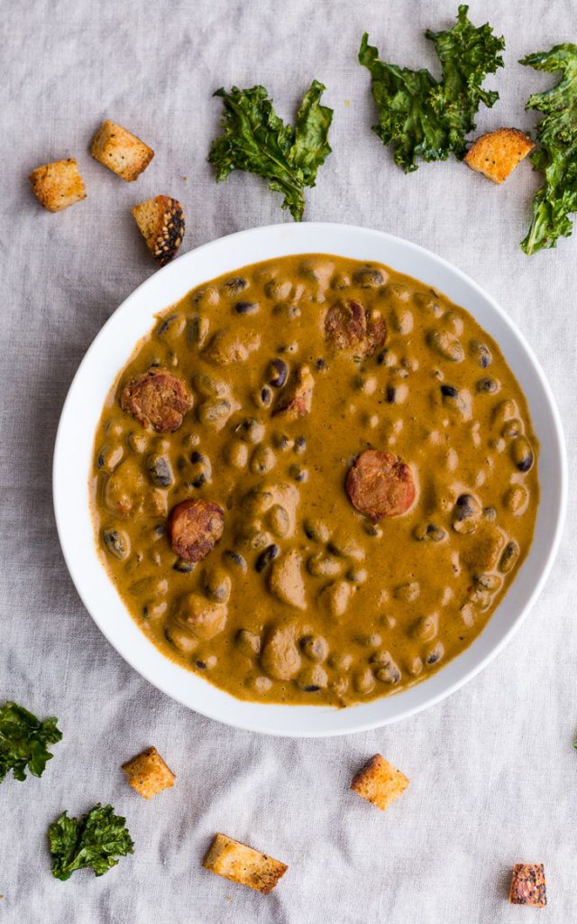 Creamy Red Pepper and Andouille Sausage Soup with Kale Chips and