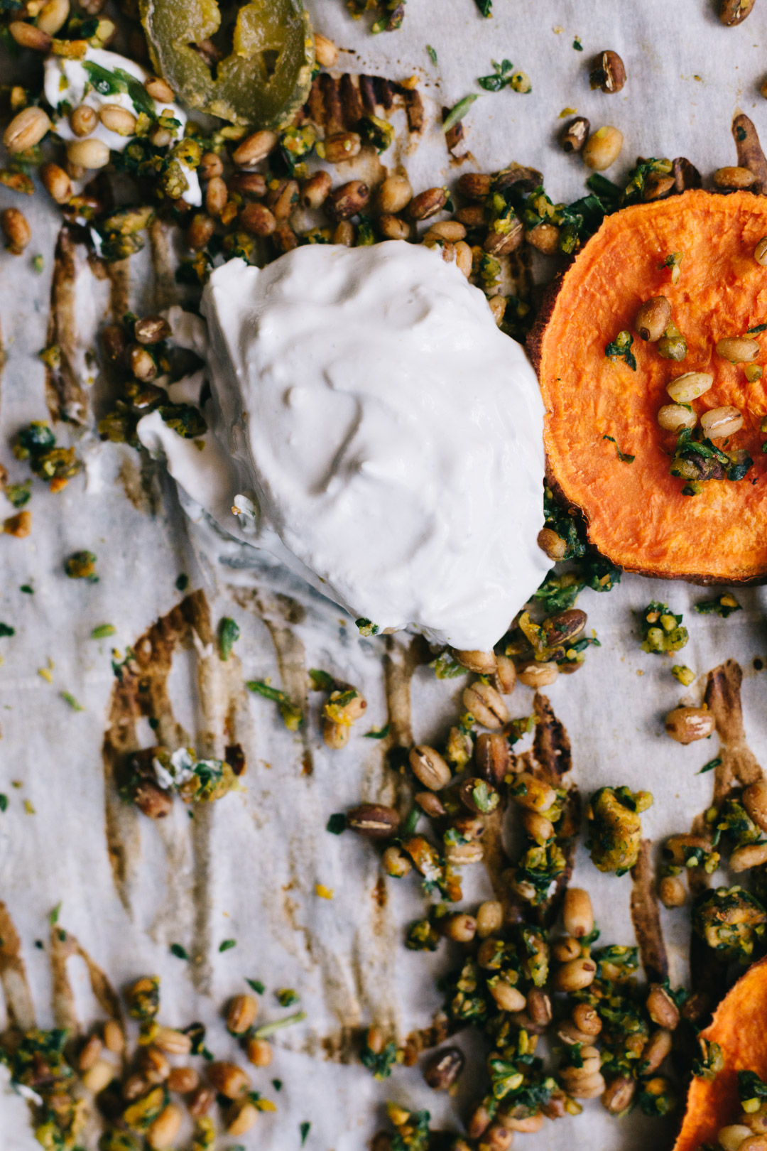 Close up overhead shot of a partial dollop of sour cream blue cheese dip surrounded by gremolata, barley, sweet potato crisps, and a jalapeño slice.