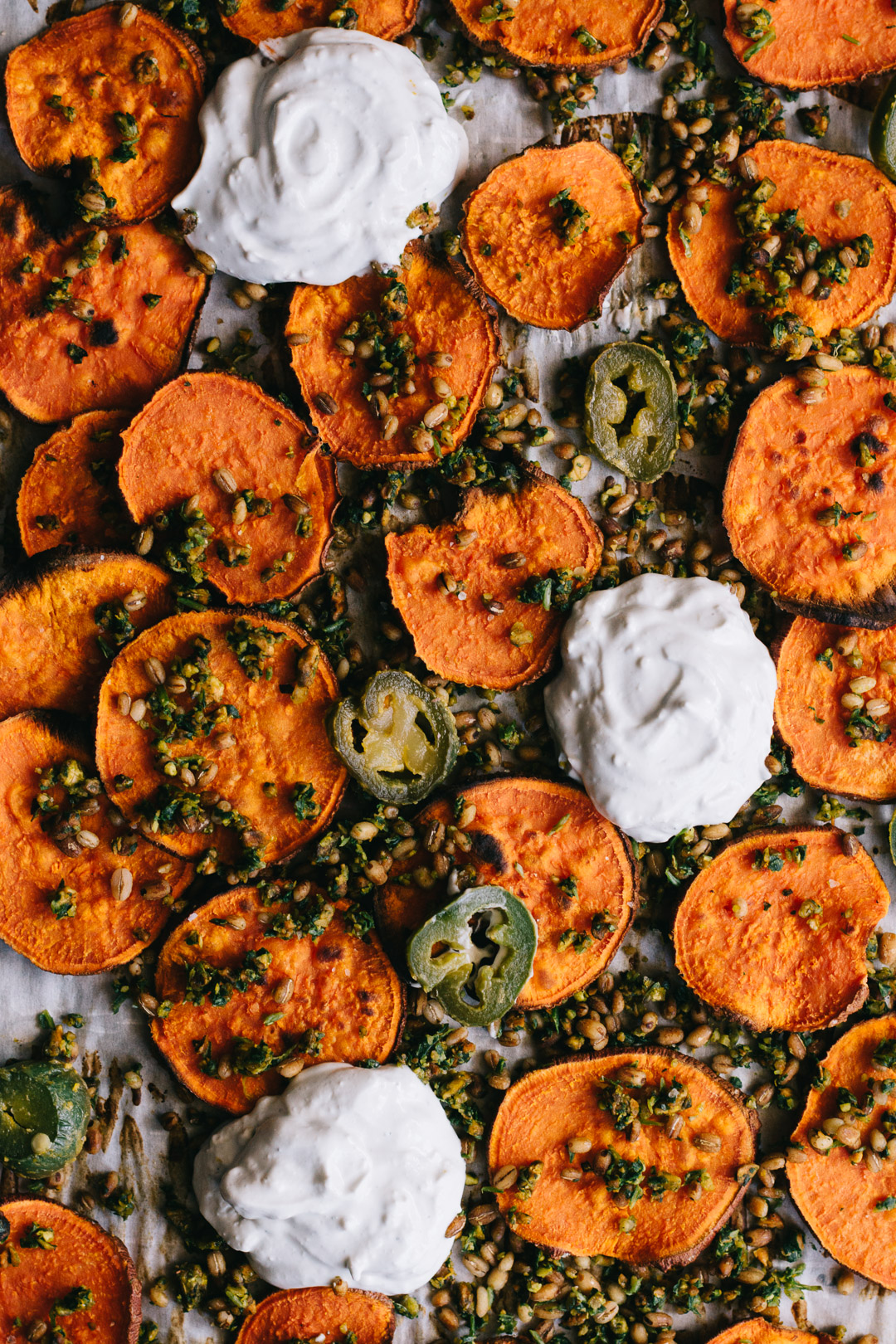 Overhead shot of three dollops of sour cream blue cheese dip on a parchment paper covered baking sheet surrounded by sweet potato crisps, gremolata, barley, and jalapeño slices.