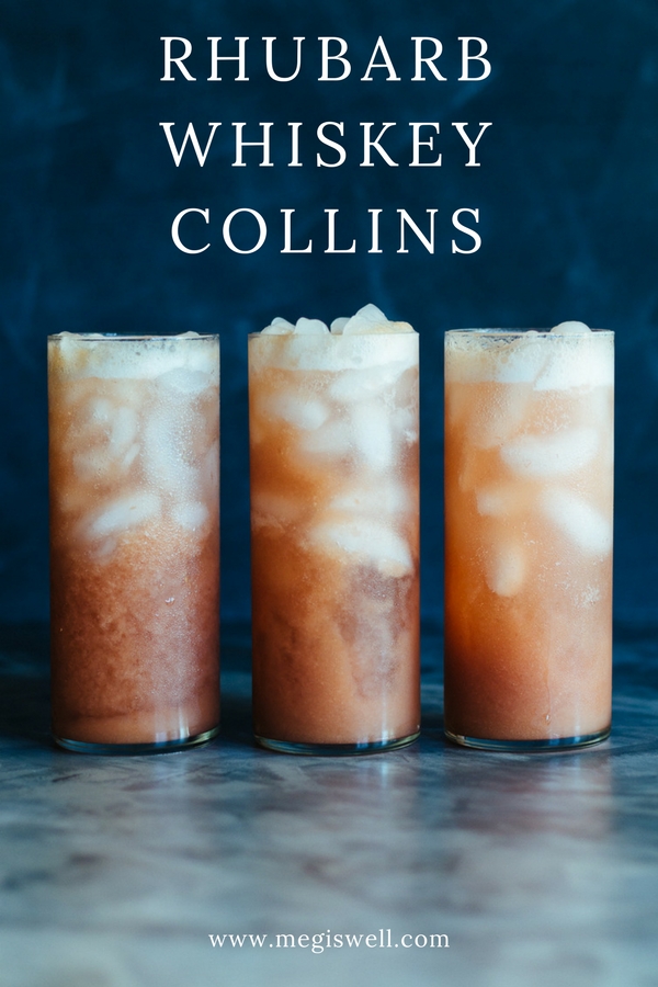 Rhubarb Whiskey Collins is a refreshing effervescent mix of rhubarb puree, whiskey, and Dry Sparkling Fuji Apple Soda. #mothersday #brunch #spring #summer #whiskey #cocktails