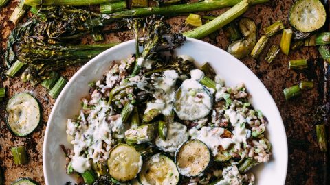 Green Goddess Bowl with Roasted Vegetables and Wild Rice