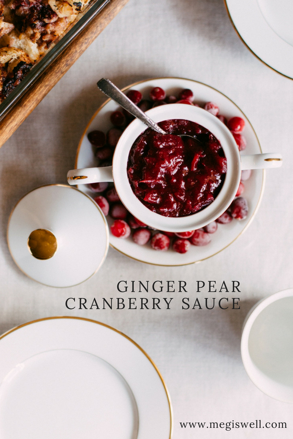 This Ginger Pear Cranberry Sauce gets its sweetness from honey, pears, and apples and its tart kick from ginger and cranberries. #holiday #Thanksgiving #Christmas #fall #winter #appetizer #side #cranberrysauce | www.megiswell.com