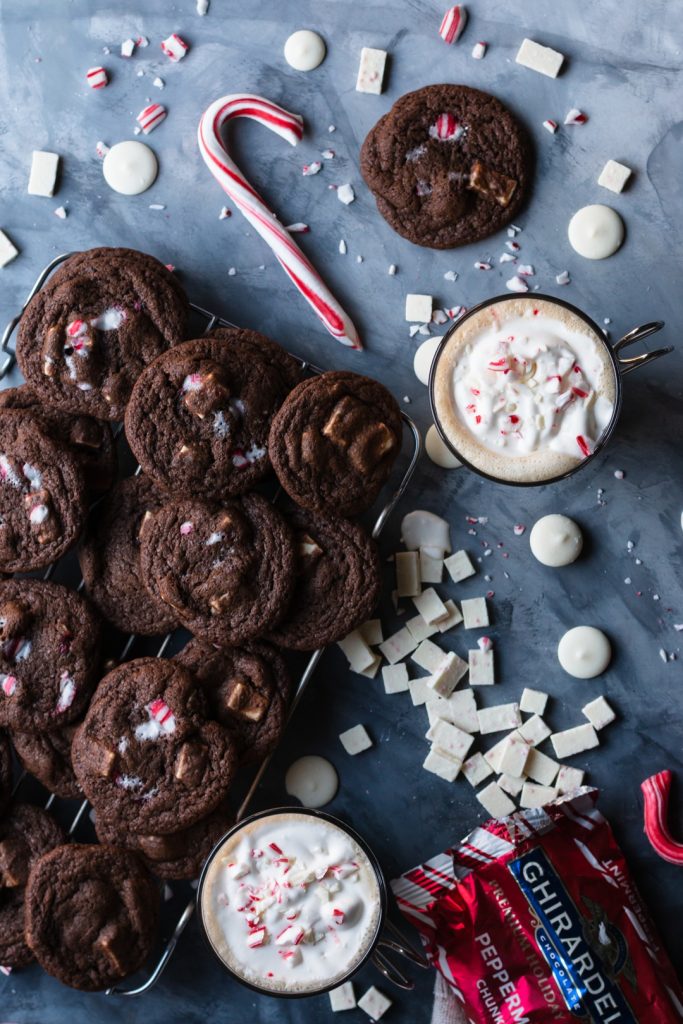 Chocolate Cookies with Peppermint Chips are the perfect addition to any Christmas cookie gifts you hand out, but only if you can stop eating them that is. | Ghirardelli | Holidays | gifts | candy canes | Christmas | www.megiswell.com