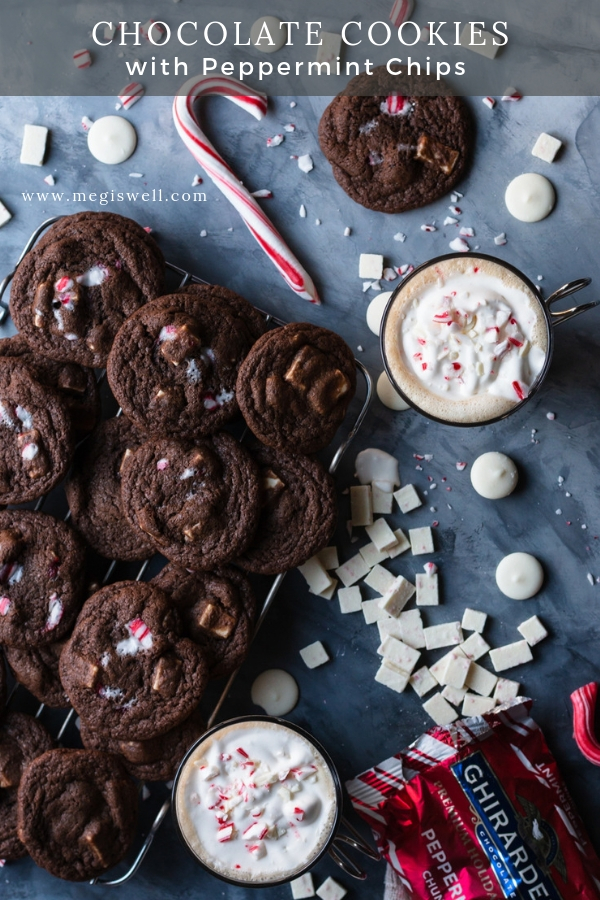 Chocolate Cookies with Peppermint Chips are the perfect addition to any Christmas cookie gifts you hand out, but only if you can stop eating them that is. | Ghirardelli | Holidays | gifts | candy canes | Christmas | www.megiswell.com
