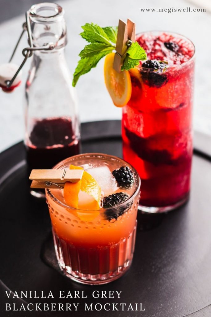 This Vanilla Earl Grey Blackberry Mocktail has delicious currents of vanilla, orange, bergamot, and blackberry and is the perfect mocktail for tea lovers! | Non Alcoholic | Summer Drinks | Shrub Mocktail | #mocktail #megiswell #meganwellsphotography | www.megiswell.com