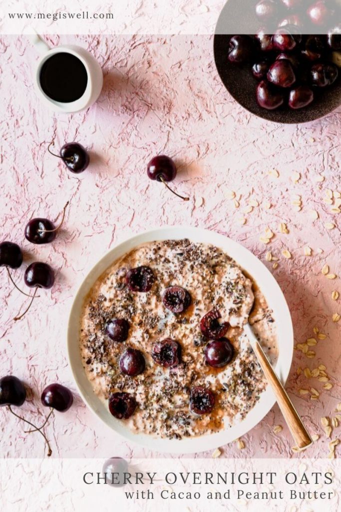 These Cherry Overnight Oats are a filling and healthy make-ahead breakfast option with fresh cherries, high-protein Greek yogurt, hemp and chia seeds, unsweetened cacao powder, peanut butter, and cacao nibs. | Back to School | Breakfast Ideas | #overnightoats #megiswell #meganwellsphotography | www.megiswell.com