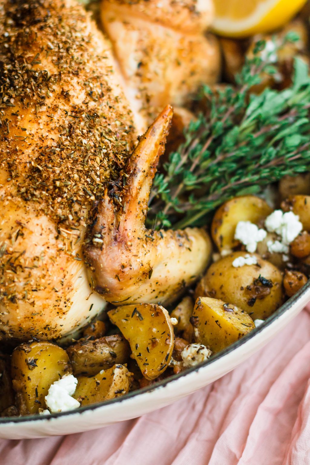 Roasted Feta Brined Chicken with Baby Potatoes and Chickpeas