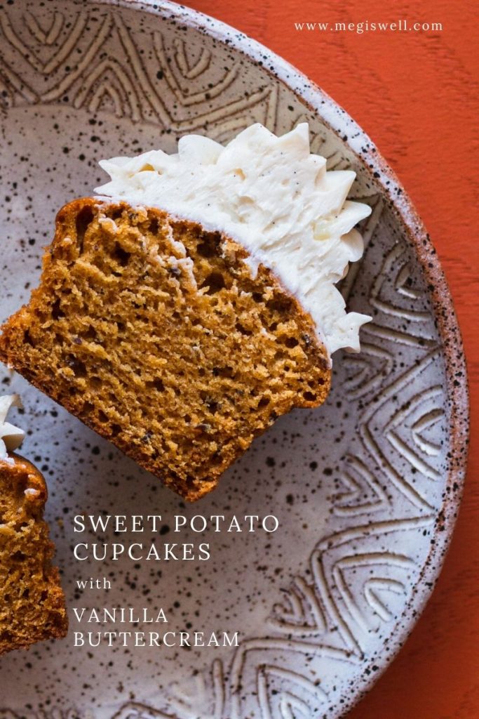 These quick-bread Sweet Potato Cupcakes with Vanilla Buttercream are moist and packed with the fall flavors of cinnamon, ginger, nutmeg, and Chinese 5 spice and are topped with a Swiss meringue buttercream studded with vanilla bean paste. They’re perfect individual sized Thanksgiving desserts! | Friendsgiving | www.megiswell.com