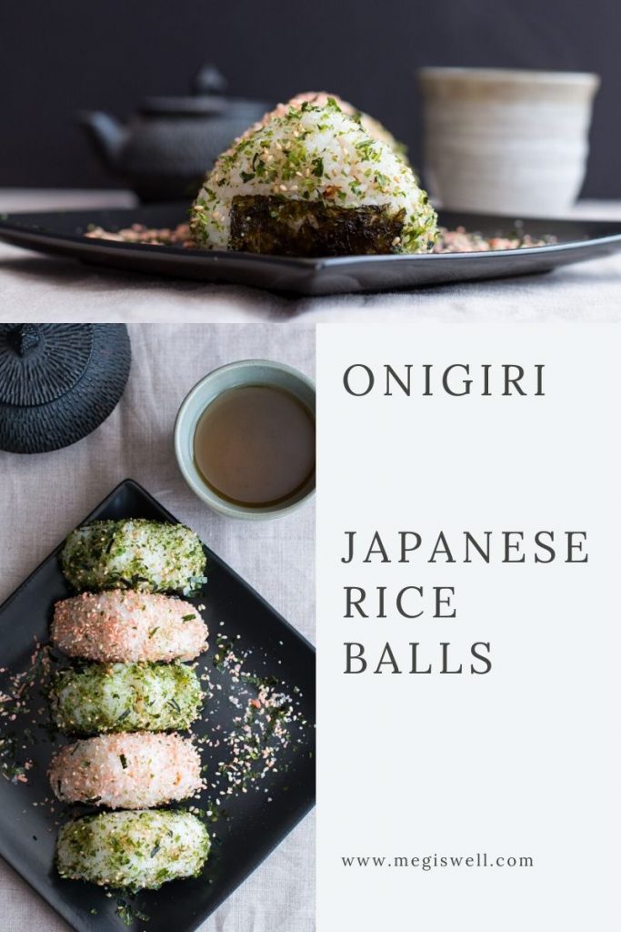 These onigiri (Japanese Rice Balls) have lightly seasoned rice containing Spicy Kimchi Tuna or Salmon Furikake and are topped with furikake seasoning. | Snacks | Packed Lunches | Picnics | Seaweed | Hand Food | www.megiswell.com