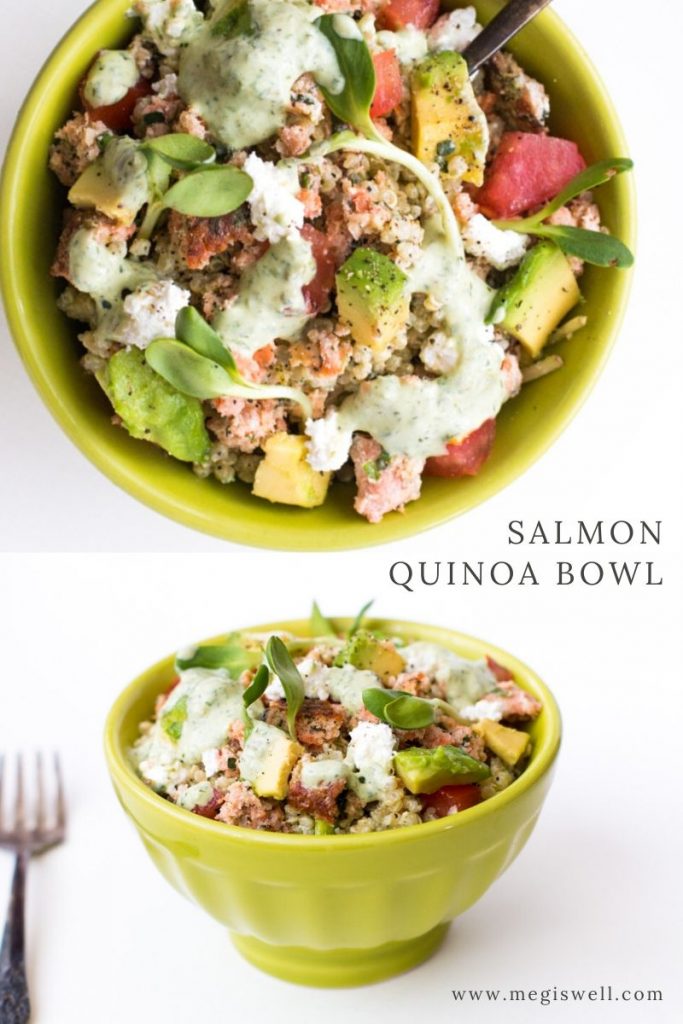 This Salmon Quinoa Bowl is packed full of protein and fresh flavors that will leave you filling both full and healthy. | #salmonbowl #quinoabowl #leftovercreations | www.megiswell.com