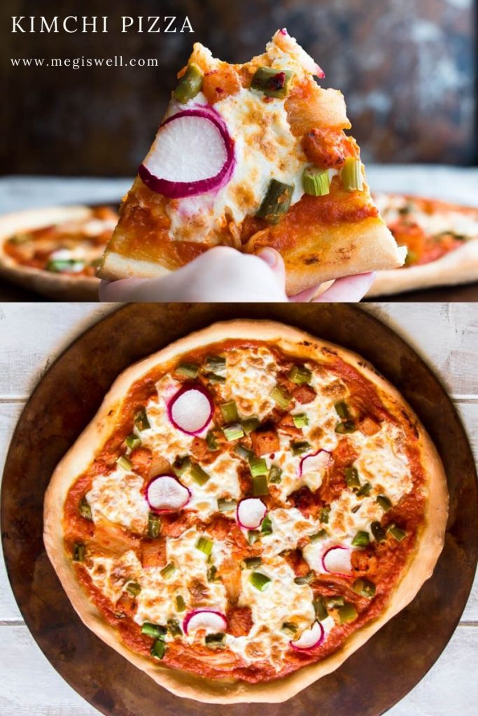 Kimchi isn’t only used as a topping in this Kimchi Pizza, which has a smoky and deeply layered kimchi pizza sauce that is topped with burrata cheese, kimchi, asparagus, and freshly sliced radishes | Homemade | Pizza Sauce Recipe | Vegetarian | #kimchipizza |www.megiswell.com