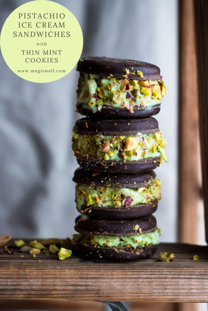 These Pistachio Ice Cream Sandwiches with Thin Mint Cookies are the perfect delicious and lower calorie miniature dessert. | Low Calorie | Quick and Easy Dessert | www.megiswell.com