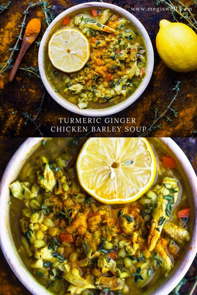 This Turmeric Ginger Chicken Barley Soup is for the sick and weary. Turmeric powder, freshly grated ginger, wholesome chicken broth, chicken, and roasted barley are slow-cooked to cold-fighting delicious perfection. | Immune Boosting Soup | #chickensoup | www.megiswell.com