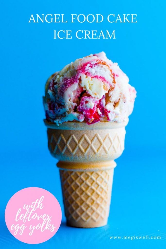 This Angel Food Cake Ice Cream recipe uses leftover egg yolks, angel food cake, and strawberry limoncello compote to make a deliciously light and fruity frozen treat. | Ice Cream Machine | Homemade Ice Cream | Leftover Egg Yolk Recipes | What to do with leftover cake | www.megiswell.com