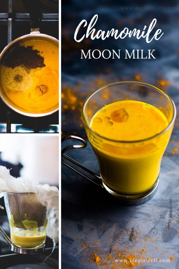 This Chamomile Moon Milk is a warm spice and herbal nighttime beverage to help relieve sleeplessness and stress. | Sleep Remedy | Stress Reliever | Soothing | Ashwagandha | Turmeric | Cinnamon | Cardamom | Ginger | Raw Cacao Butter | #moonmilk | www.megiswell.com
