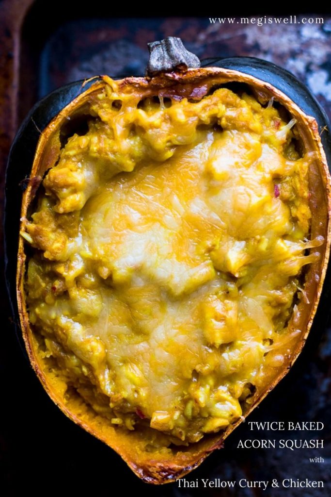 This Twice Baked Acorn Squash with Thai Yellow Curry and Chicken combines Thai yellow curry paste, coconut milk, shredded chicken, and jasmine rice in a simple and comforting meal. | Chicken leftover recipes | Pantry Recipes | #leftovers #leftoverrecipes | www.megiswell.com