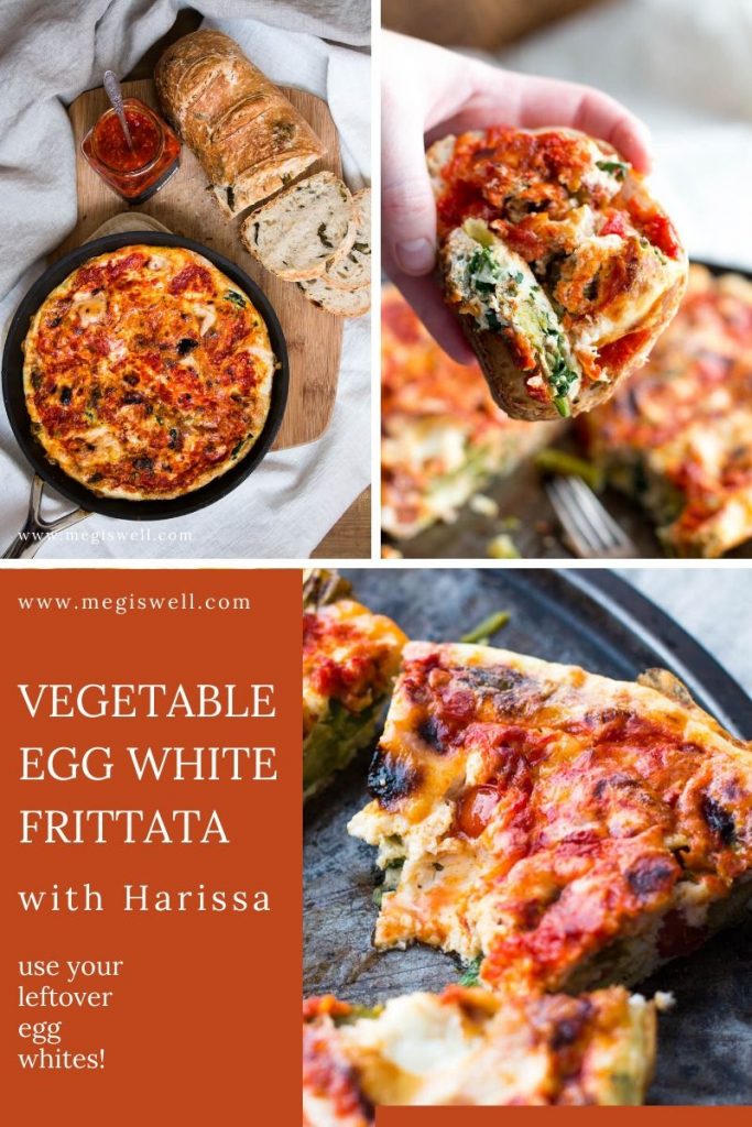 Use your leftover egg whites from baking or cooking to make a spicy Vegetable Egg White Frittata with Harissa that is light, healthy, and delicious | Breakfast Ideas | Low Carb | #leftovers #leftoverrecipes #frittata #eggwhites #savorybrunch | www.megiswell.com