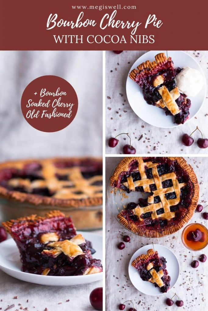 This Bourbon Cherry Pie with Cocoa Nibs is for bourbon and cocoa lovers. Dark and bitter chocolate melds beautifully with the vanilla undertones of bourbon and the sweetness of fresh dark cherries. Serve with a Bourbon Soaked Cherry Old Fashioned. | Homemade Filling and Crust Recipe | Fresh Cherries or Frozen Cherries | Dessert & Cocktail | #cherrypie | www.megiswell.com
