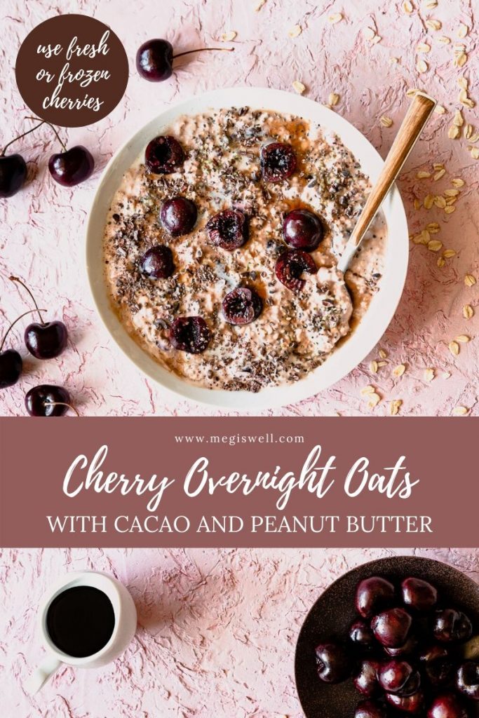 These Cherry Overnight Oats are a filling and healthy make-ahead breakfast option with fresh or frozen cherries, high-protein Greek yogurt, hemp and chia seeds, unsweetened cacao powder, peanut butter, and cacao nibs. | Back to School | Breakfast Ideas | #overnightoats #megiswell | www.megiswell.com