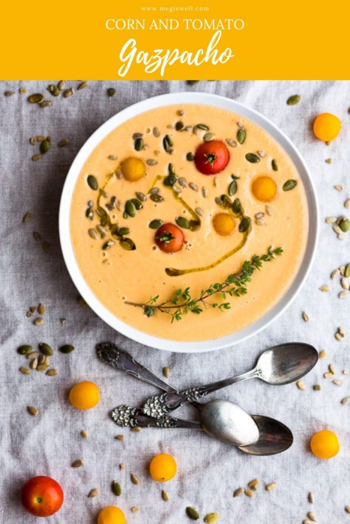 This easy Corn and Tomato Gazpacho is a healthy raw soup perfect for a light dinner on hot summer days. | Vegan | Vegetarian | Chilled | Cold | Creamy | Fine Dining | #corngazpacho #gazpacho | www.megiswell.com
