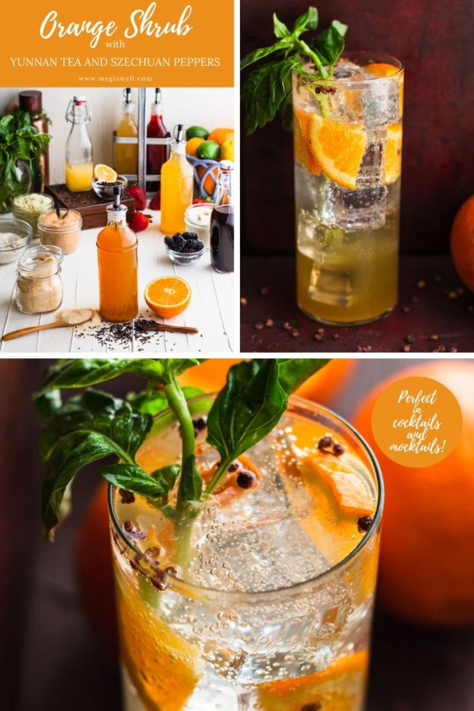 This Orange Shrub Recipe with Yunnan Tea and Szechuan Peppers has a bright orange-lemon flavor that is balanced with a slightly spicy maltiness. | Shrub Recipe | How to Make | DIY Gin Bar | Cocktails | Mocktails | Drinks | #ginbar #mocktailrecipe #cocktailrecipe #megiswell #meganwellsphotography | www.megiswell.com