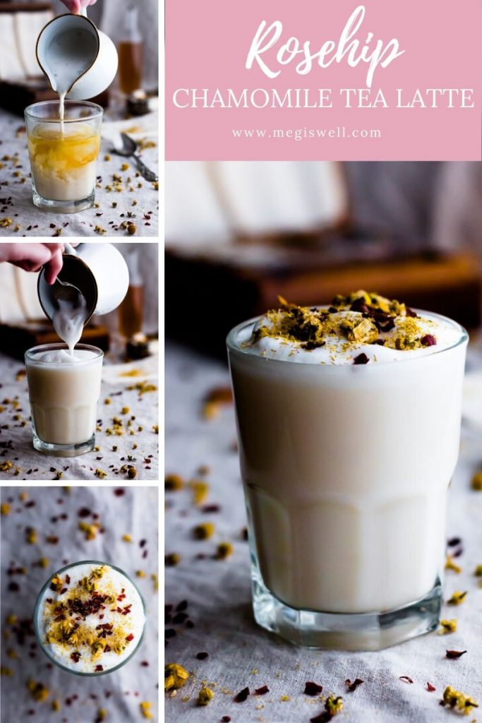 This Rosehip Chamomile Tea Latte is a floral and herbal twist on the London Fog. It’s meant to soothe and calm the body and mind, making it perfect for dreary weather snuggle time! | Soothing Drinks | Before Bed | Sleepy Time Tea Latte | www.megiswell.com