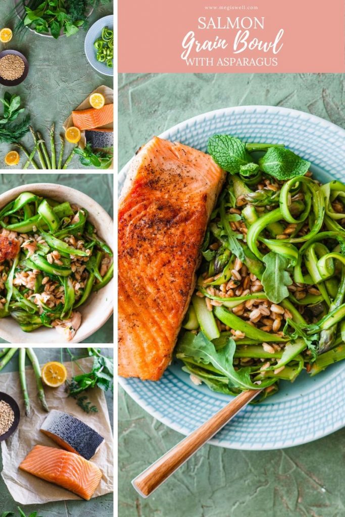 This Salmon Grain Bowl with Asparagus is high in protein and is filled with fresh herbs and citrus notes that make it a perfect spring recipe! | Skillet Salmon with Skin | Easy Brined Salmon | Pearled Farro | Salmon and Farro Recipes | Healthy Dinner | #salmonbowl | www.megiswell.com