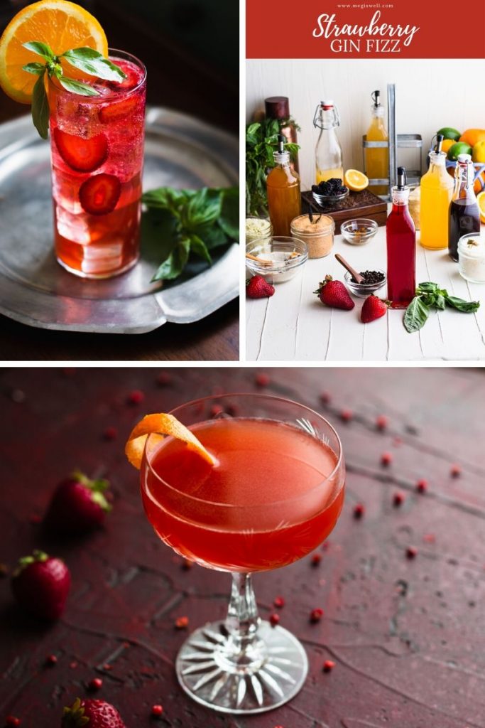 This Strawberry Gin Fizz is fruity & herbaceous with a current of bright strawberry-orange flavor, a slight peppery undertow, and refreshing basil aroma. | Gin Bar | DIY | Cocktail Recipe | #ginfizz #shrubcocktail #strawberryshrub #megiswell #meganwellsphotography | www.megiswell.com