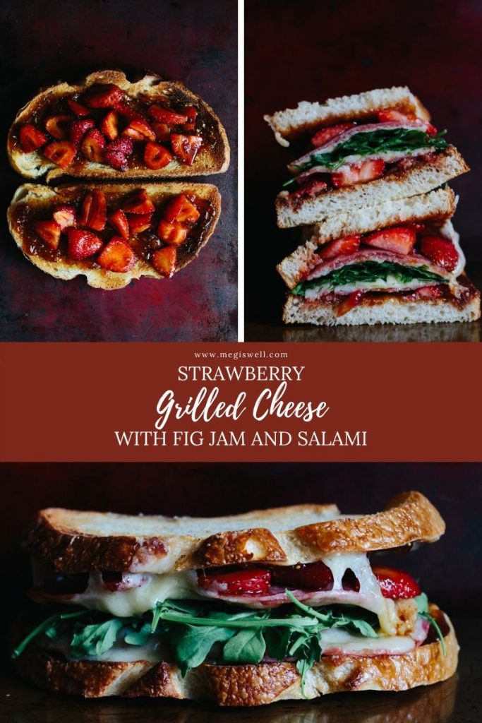 Strawberry Grilled Cheese is sweet and savory perfection with fig jam, balsamic soaked strawberries, salami, aged white cheddar, and arugula. Easy Gourmet Sandwich | In the oven | How to Make | #grilledcheese #sandwich #strawberries #figjam | www.megiswell.com