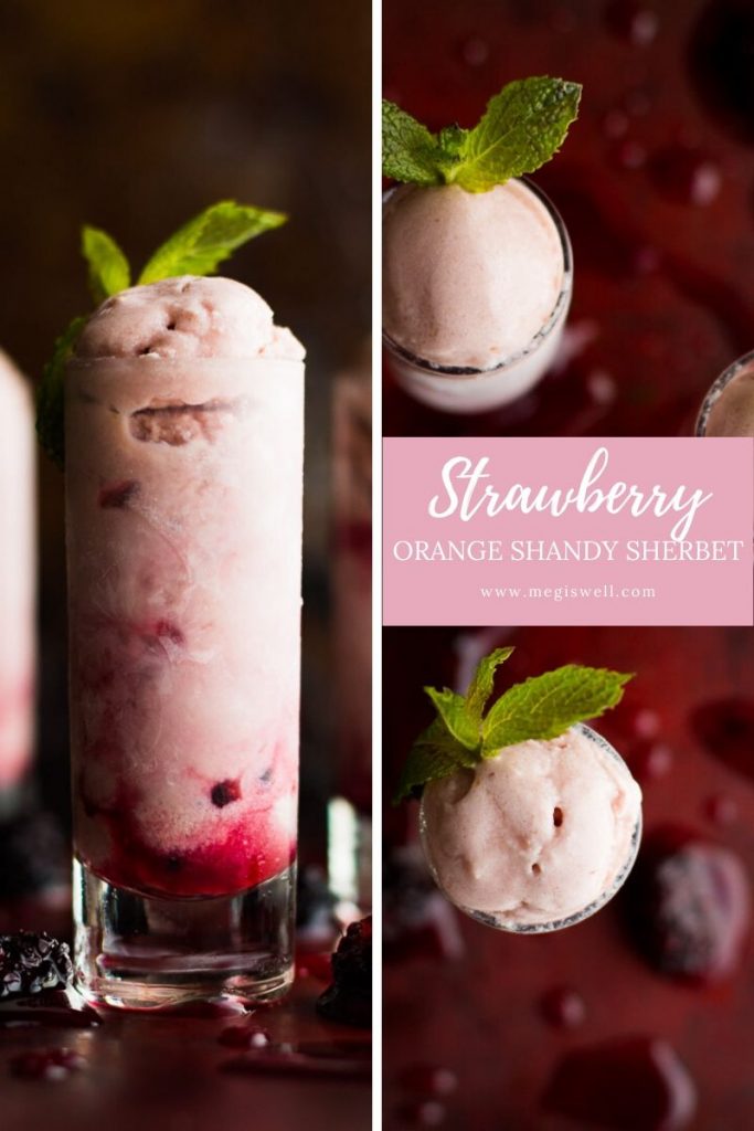 Strawberry Orange Shandy Sherbet combines a shandy beer punch, fresh fruit, and sweetened condensed milk for a great summertime icy treat. | Shandy Recipe | Ice Cream Maker | Party Punch | Sweetened Condensed Milk Recipes | #leftovers #leftoverrecipes | www.megiswell.com