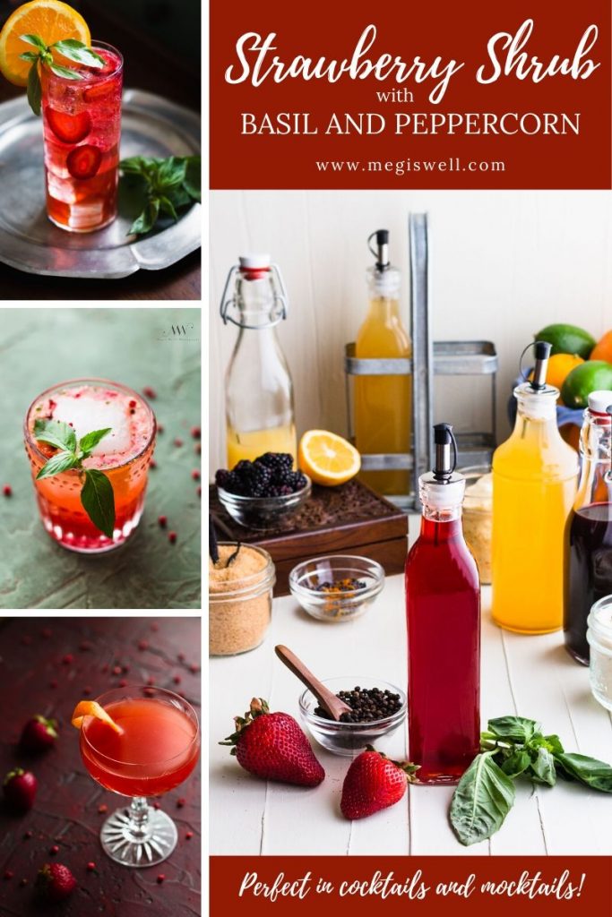 This Strawberry Shrub with Basil and Peppercorn is sweet and tart with a subtle heat perfect for mixing into any spring and summer cocktails and mocktails! | Shrub Recipe | How to Make | DIY | Drinks | #mocktailrecipe #cocktailrecipe #megiswel | www.megiswell.com